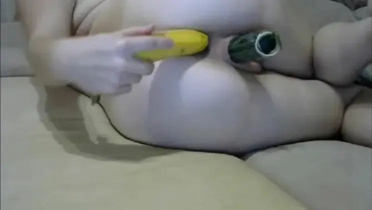 Horny Blonde Is Using Banana and Cucumber for Her both Holes