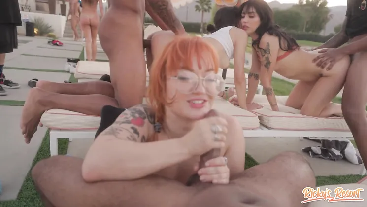 Blonde babe with small tits gets her pussy stretched by Ricky's massive black cock outside