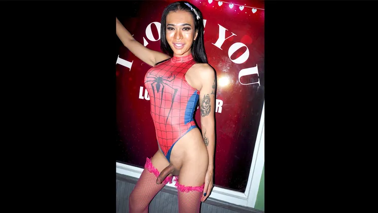Spiderman theme Asian ladyboy anal fuck